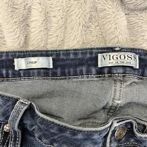 Vigoss Jeans Women 24 Crop Medium Wash Stretch Denim Raw Hem Embroidered Pockets - Picture 4 of 9